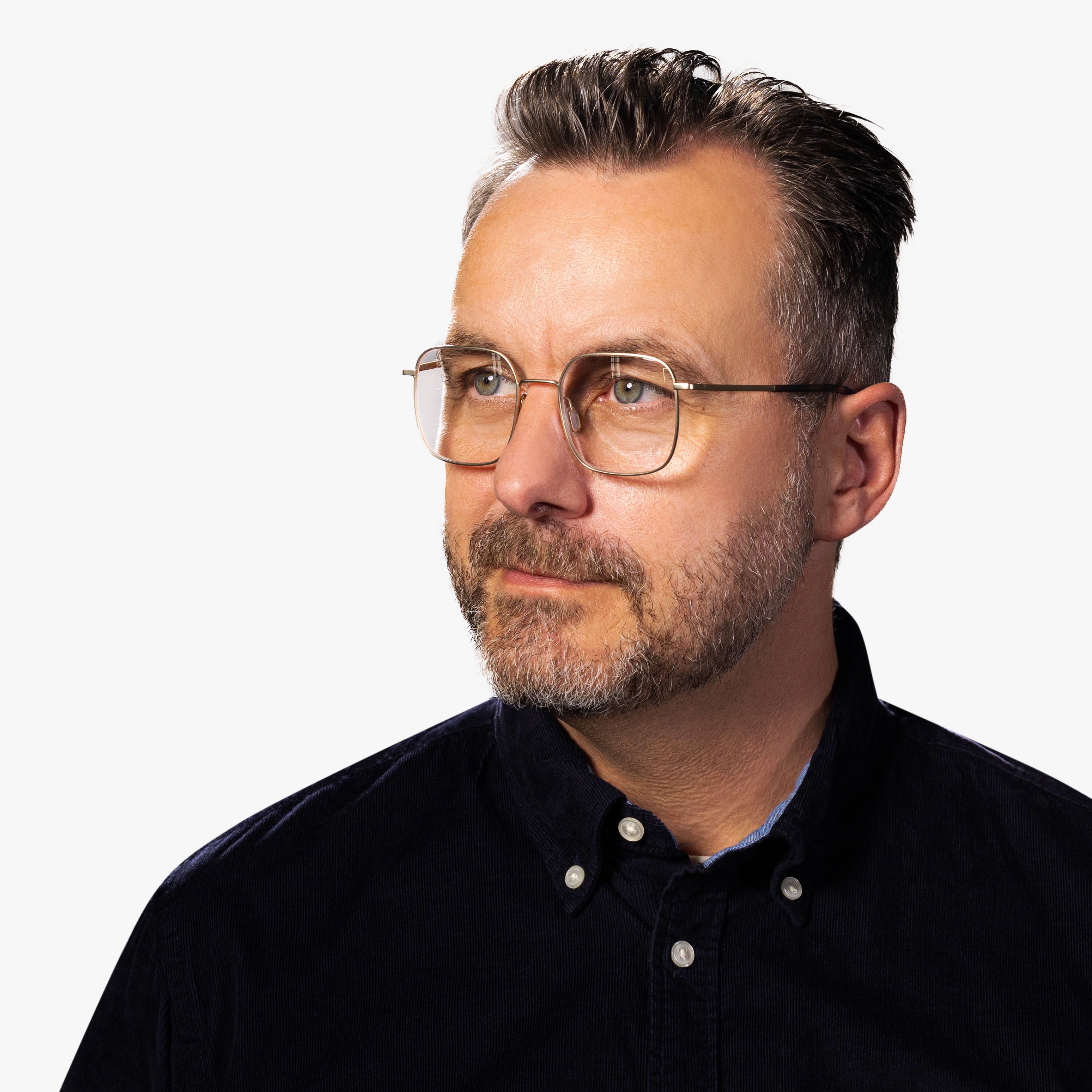 Person wearing Båstad Gold glasses with gold frames