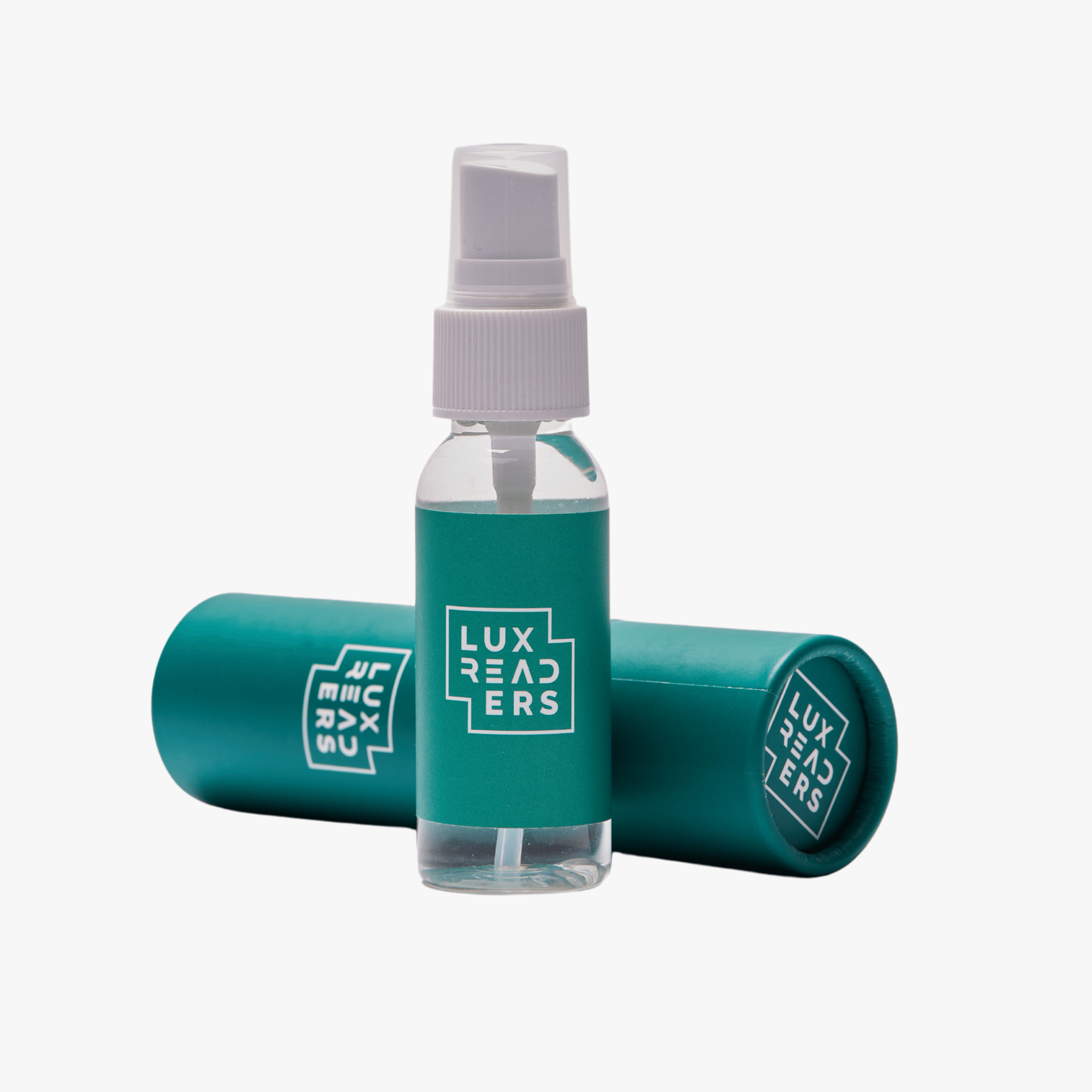 Teal cleaning kit with Luxreaders logo on spray bottle and case