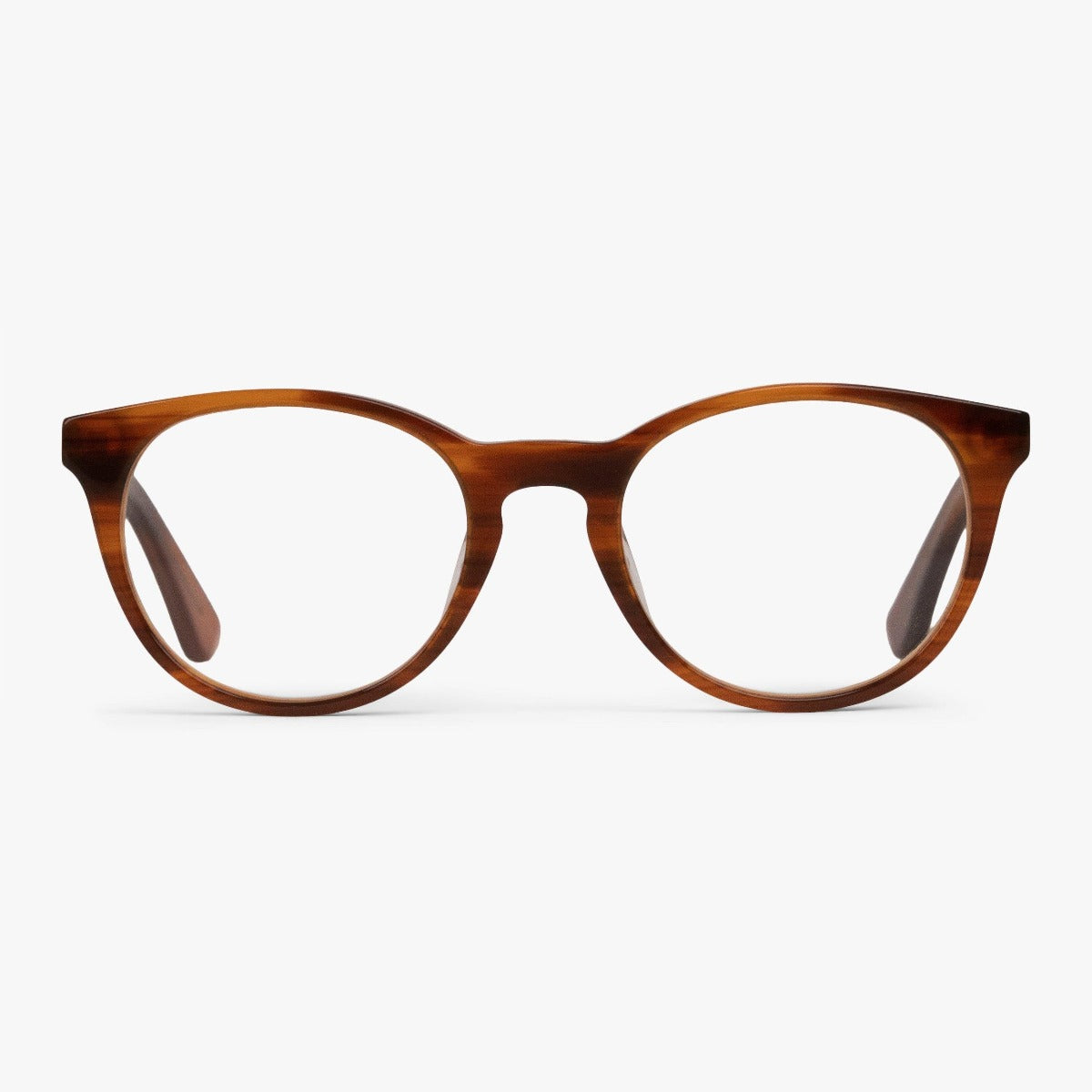 Luxreaders stylish Örebro Shiny Walnut Blue light glasses. Made from Acetate in a Iconic shape.