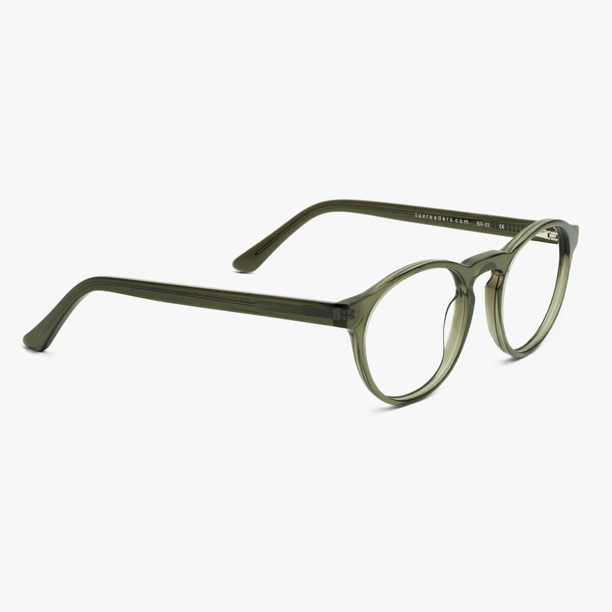 Luxreaders stylish Women's Trondheim Shiny Olive Blue light glasses. Made from Acetate in a Round shape.
