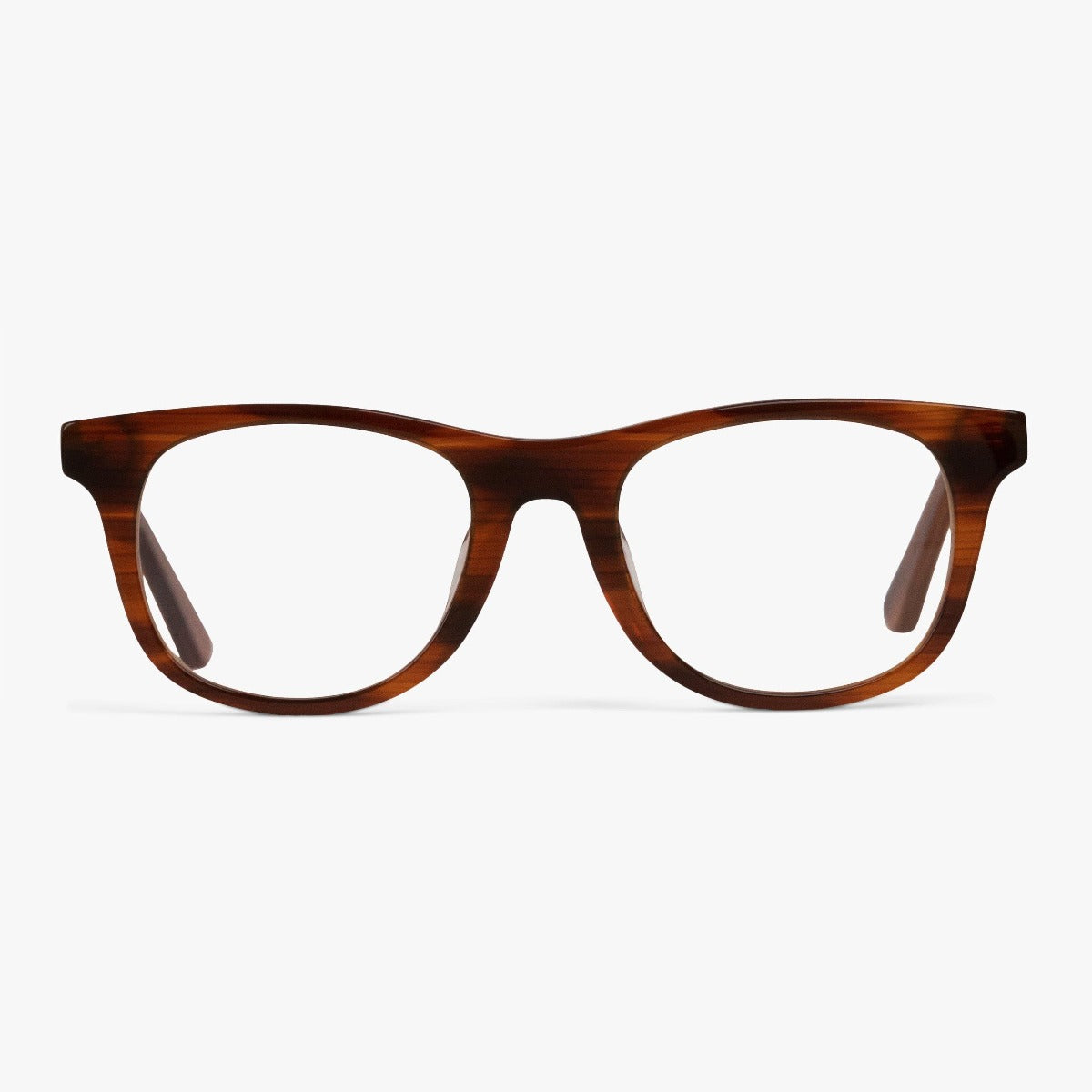 Luxreaders stylish Malmö Shiny Walnut Blue light glasses. Made from Acetate in a Square shape.