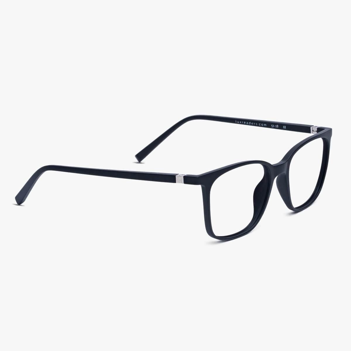 Fyn Black rectangular glasses with black frame and Luxreaders logo