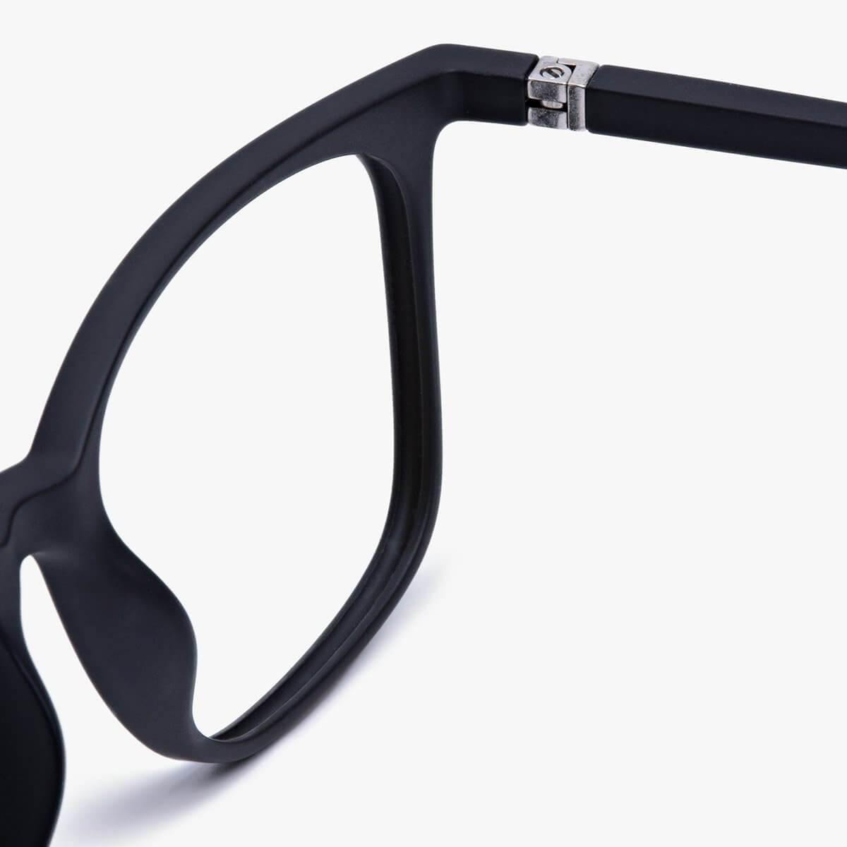 Close-up of black eyewear frame with silver hinge