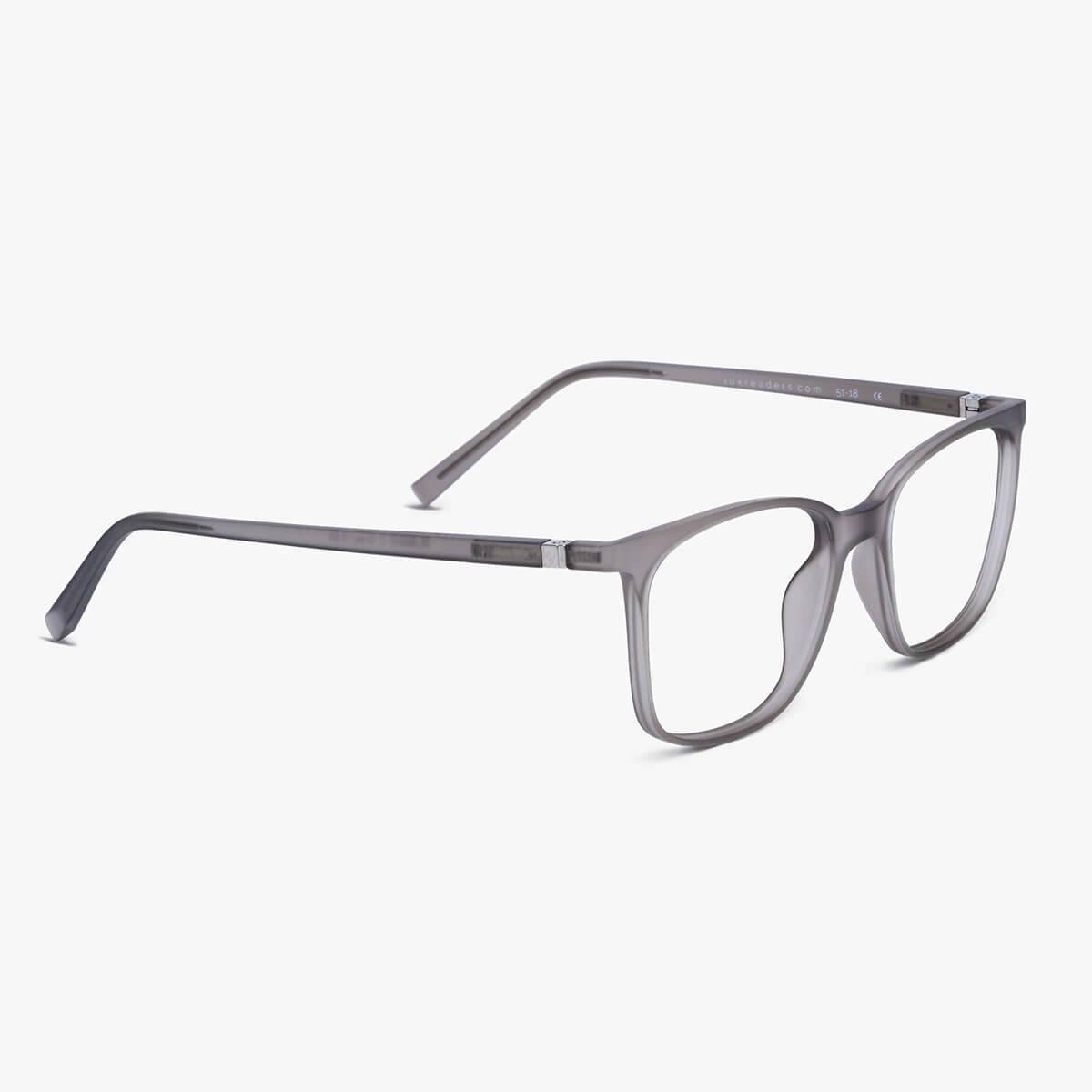 Fyn Grey rectangular grey reading glasses with a matte finish