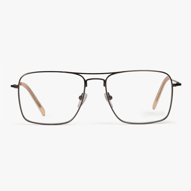 Rectangular black metal reading glasses with beige temples