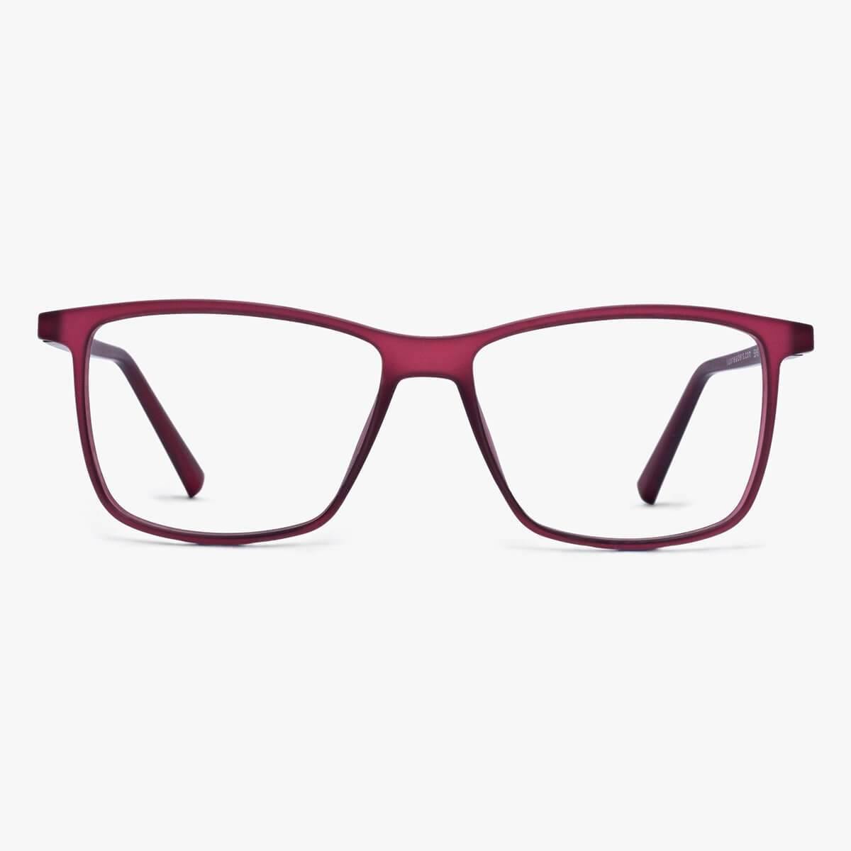 Rectangular red reading glasses with thin frames