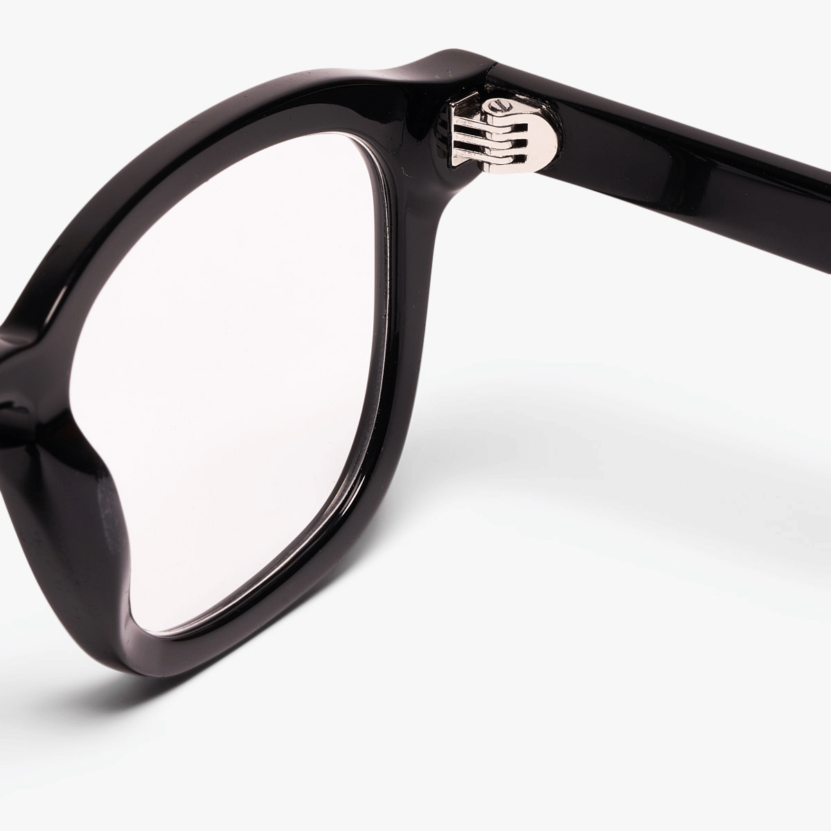 Close-up of men's Reykjavik black frame glasses with silver hinge