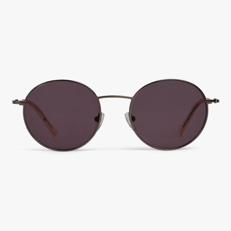 Round gunmetal sunglasses with dark lenses