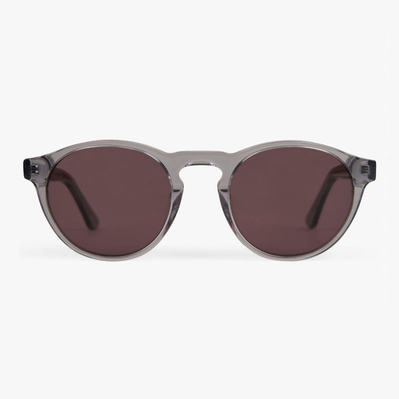 Round crystal grey sunglasses with dark lenses