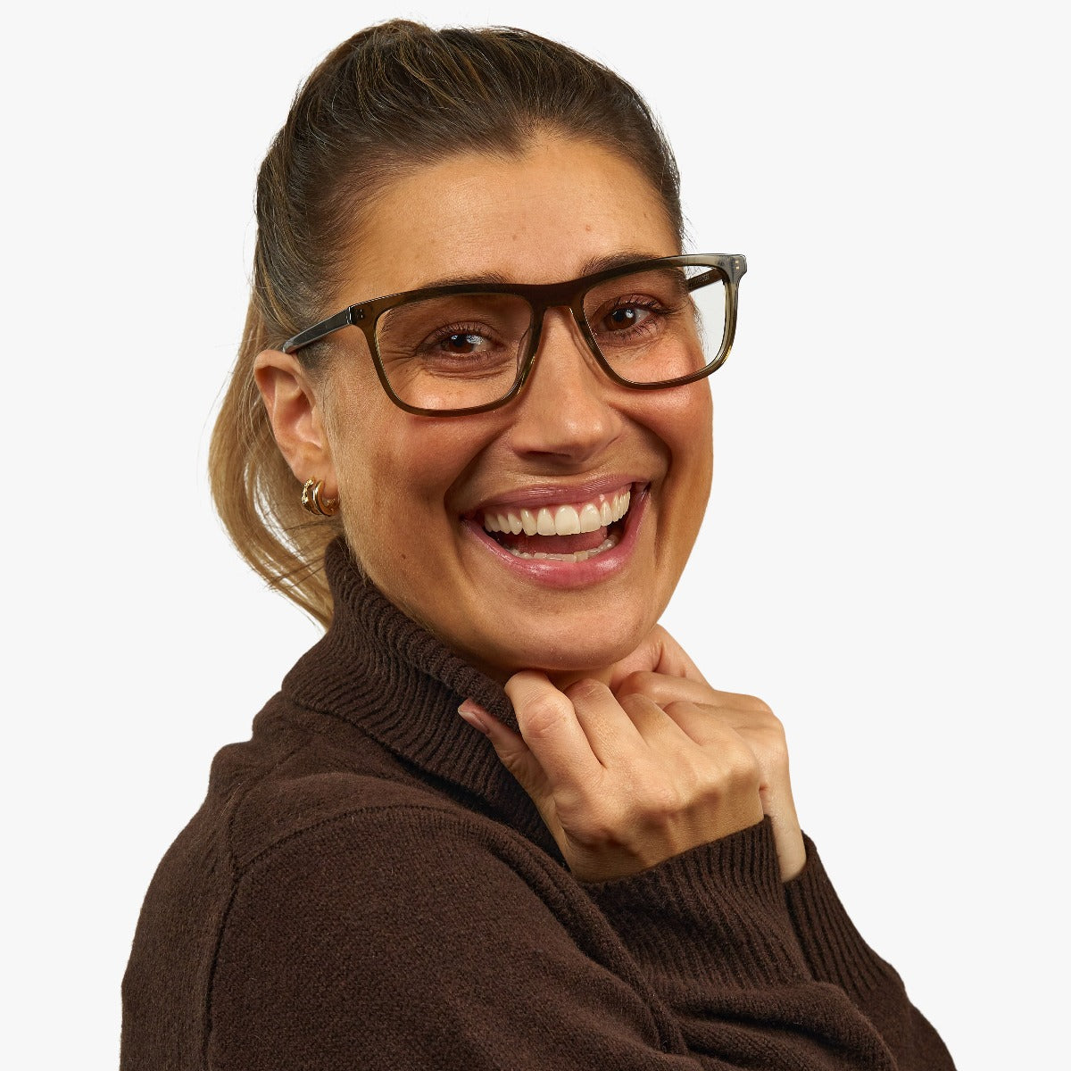 Person wearing Oslo Shiny Olive rectangular glasses