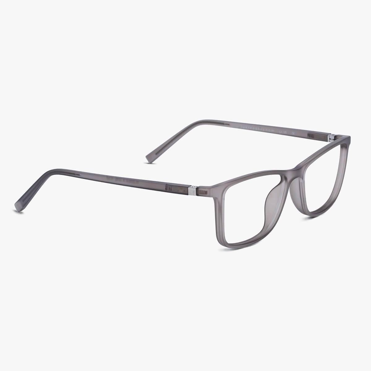 Grey rectangular reading glasses with a sleek matte finish