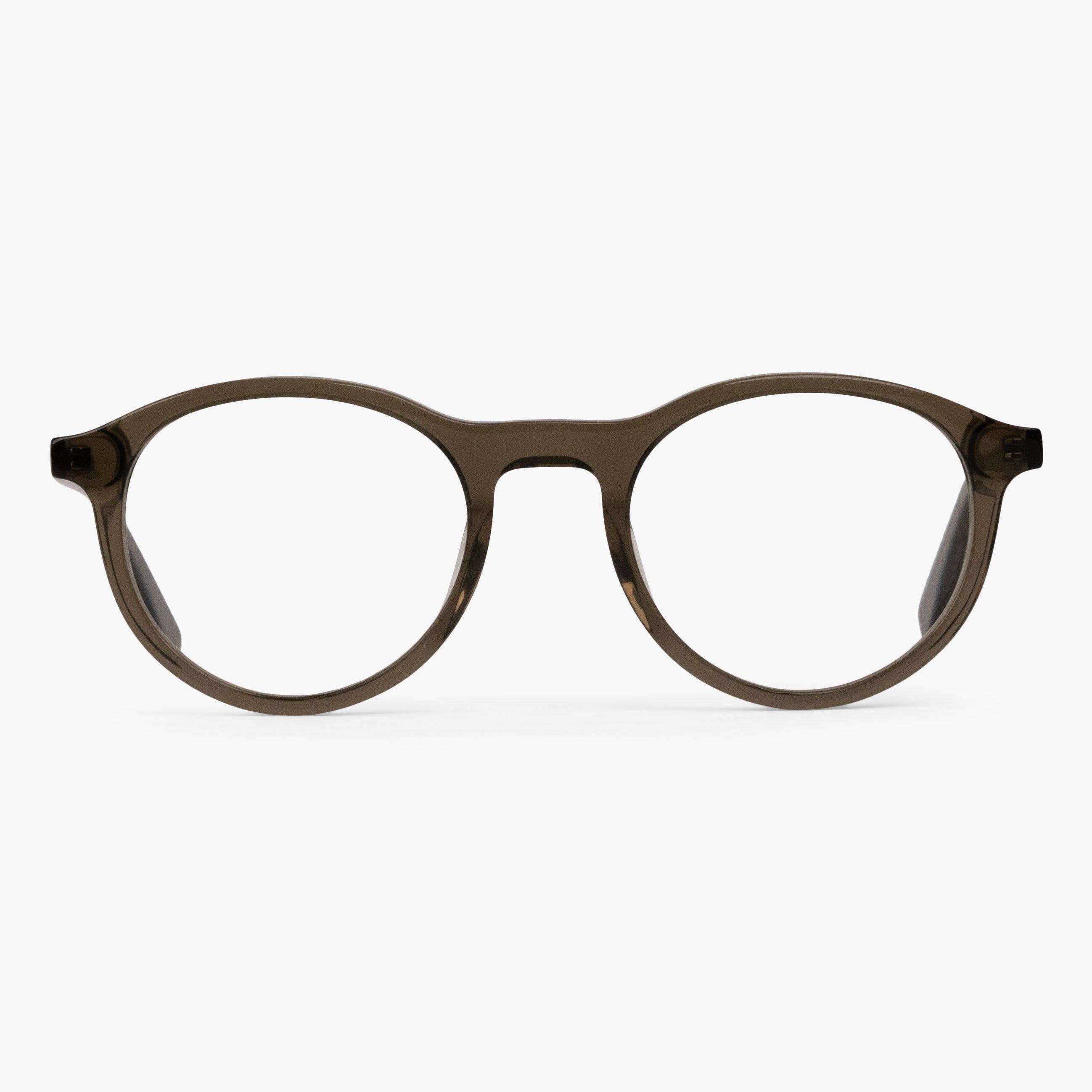 Luxreaders stylish Men's Løkken Shiny Olive Blue light glasses. Made from Acetate in a Round shape.